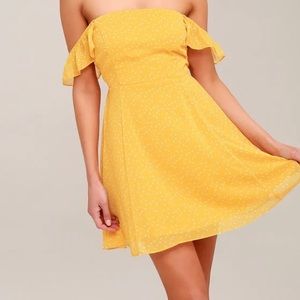 Lulu’s Dots of You Yellow Polka Dot Off-the-Shoulder Skater Dress